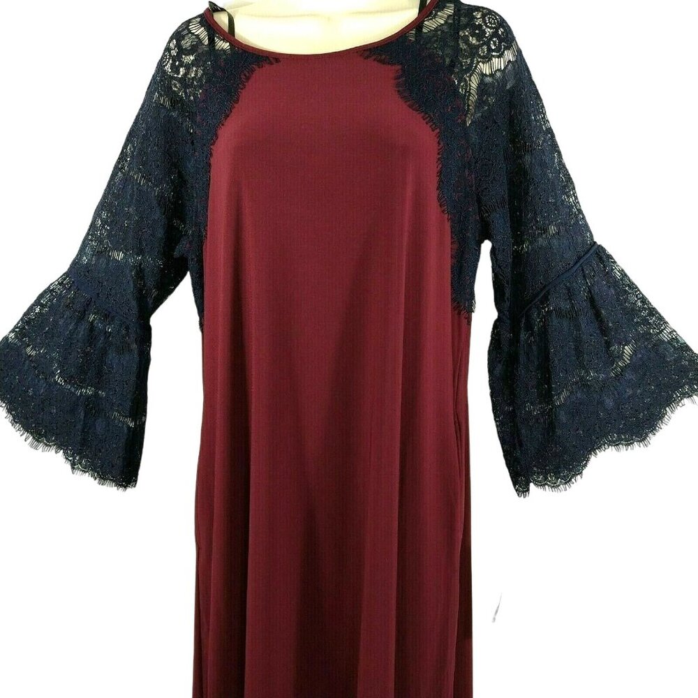 Nina Leonard Shift Dress Women Size M Wine Red Blue Lace Bell Sleeves Pocket NEW - Picture 2 of 10